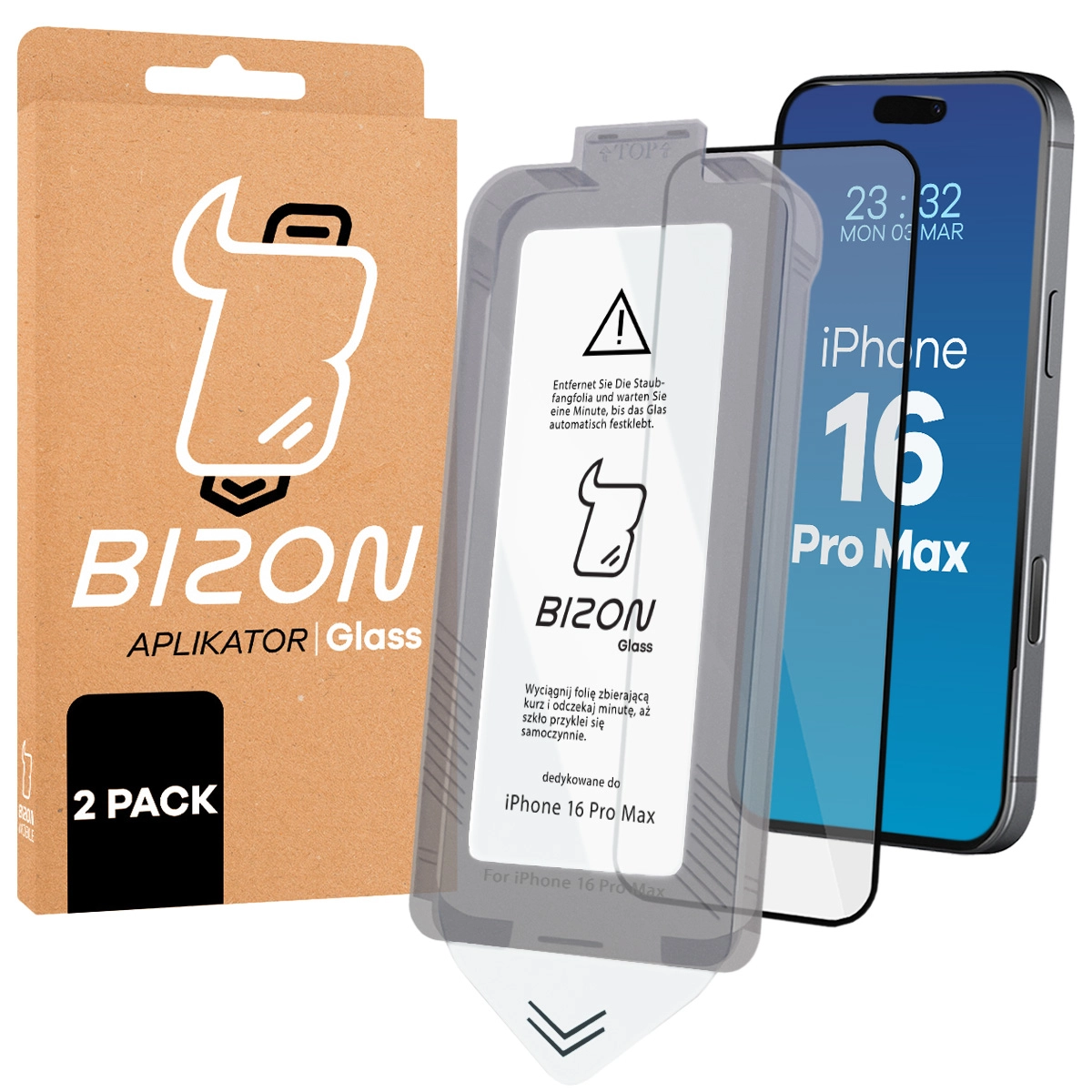 Szkło do łatwej aplikacji Bizon Glass Aplikator dla iPhone 16 Pro Max